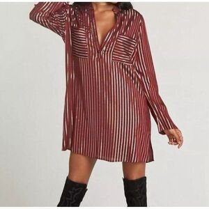 Show Me Your Mumu Maribelle Burgundy Red Gold Stripe Shirt Dress‎ SZ M $170